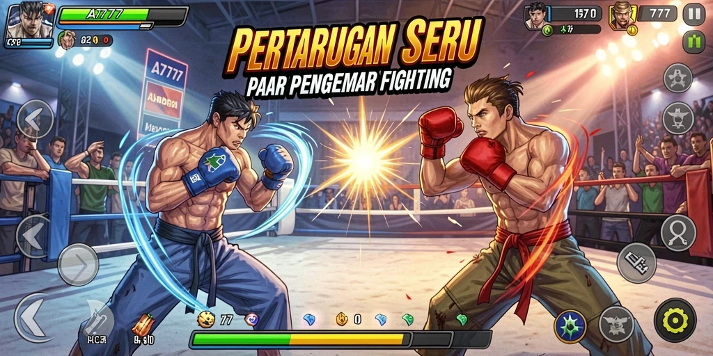 Gameplay seru A7777 menunjukkan karakter bertarung di arena.