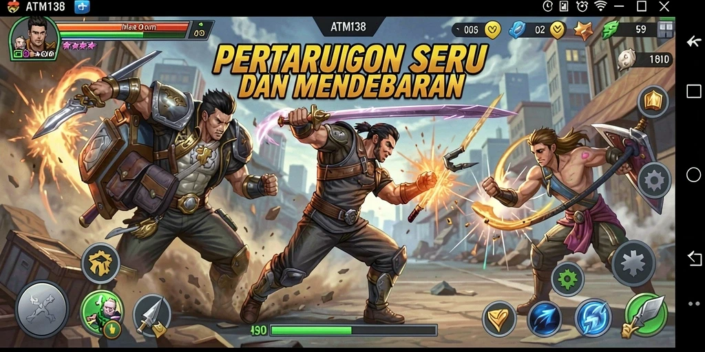 Screenshoot utama ATM138 menampilkan pertarungan seru antara dua karakter di arena megah.