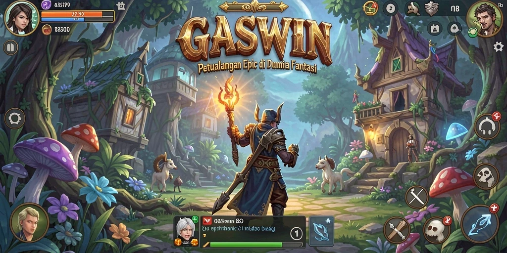 Screenshot GASWIN menampilkan aksi pertarungan epic dan karakter fantastis.