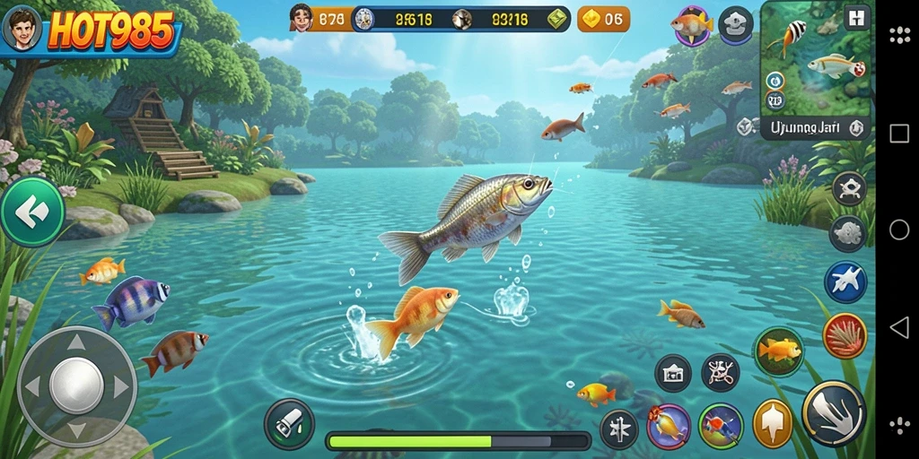 Tampilan screenshot HOT985 menunjukkan gameplay memancing yang seru dan menarik.