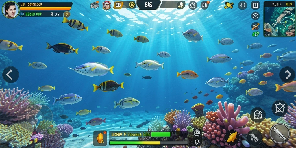 Screenshot IDRRP menampilkan aksi menembak ikan di laut yang penuh warna.