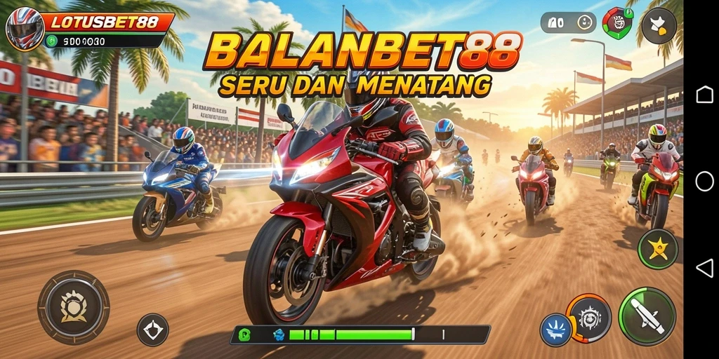 Screenshot LOTUSBET88 menampilkan aksi balapan motor yang menegangkan dan grafik yang luar biasa.