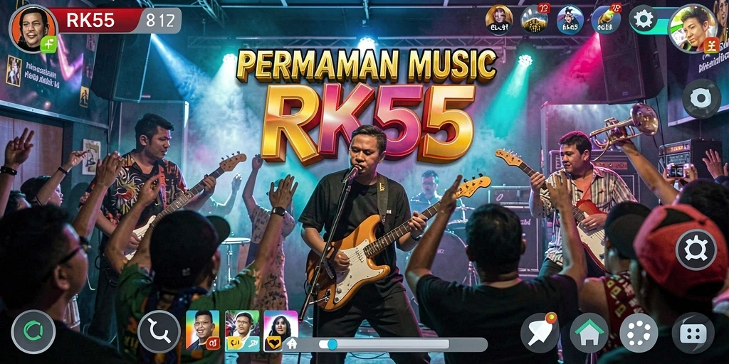 Screenshot menunjukkan gameplay seru dalam RK55 dengan berbagai instrumen musik.