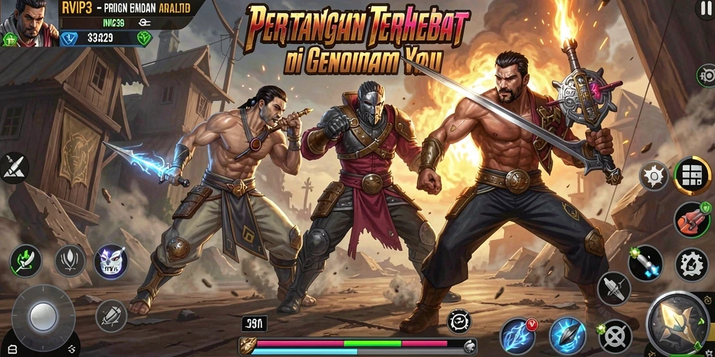 Tangkapan layar gameplay RVIP3 menampilkan aksi bertarung yang mendebarkan.