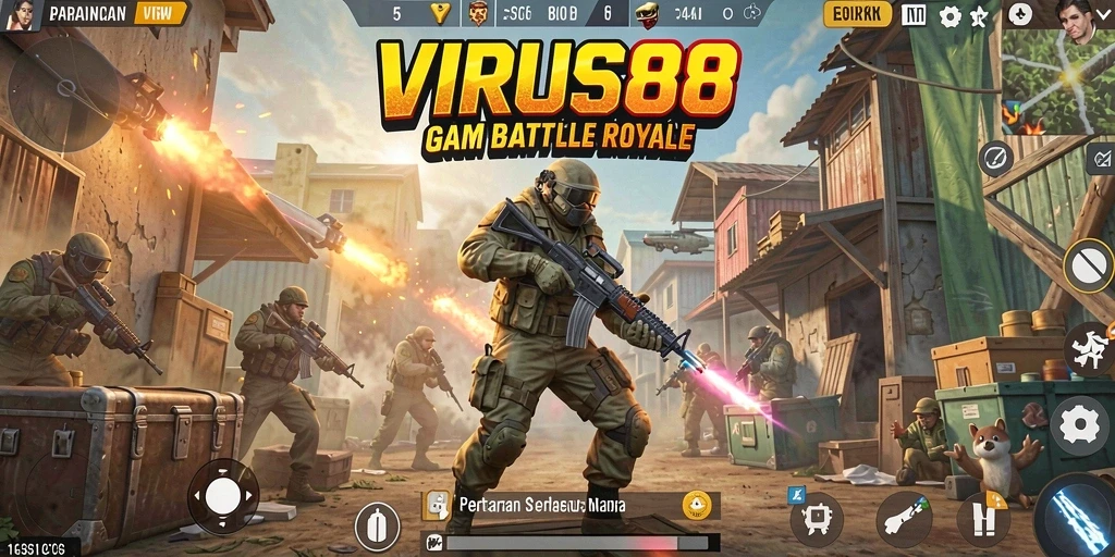 Tangkapan layar gameplay <strong>VIRUS88</strong> menunjukkan aksi seru dalam pertempuran Battle Royale.