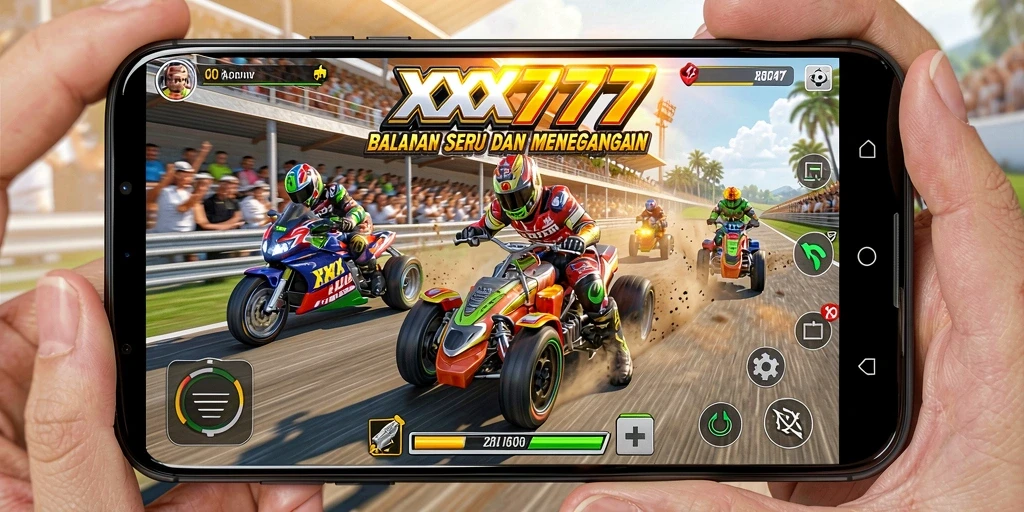 Screenshot utama XXX777 menampilkan aksi balapan seru dengan kendaraan yang melaju kencang.